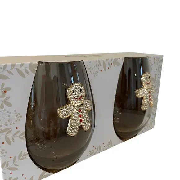 Christmas Jeweled Gingerbread Stemless Wine Glasses Chic Holiday Barware New
